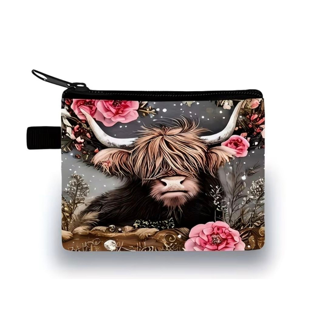 Women's Highland Cow Floral Wallet One Size Gray Pink